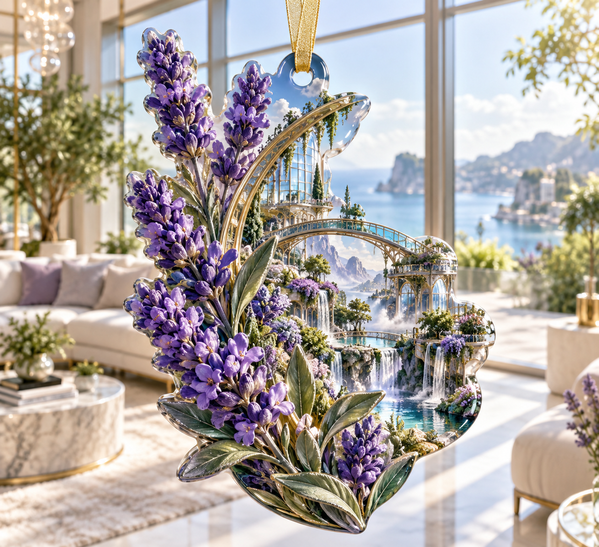 One christmas ornament with a continuous lavender skybridge atrium, white blooms, brass coordinate rings, sapphire grids and a deep city vista.