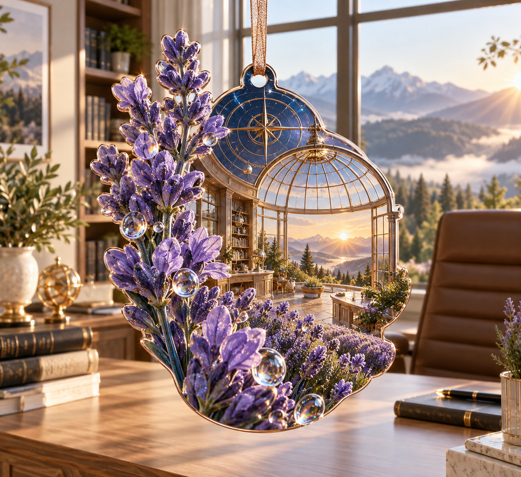 One christmas ornament with a continuous lavender observatory studio, white blooms, brass coordinate rings, sapphire grids and a deep city vista.