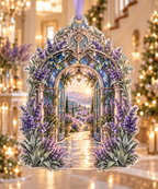 One christmas ornament with a continuous lavender welcome atrium, white blooms, brass coordinate rings, sapphire grids and a deep city vista.