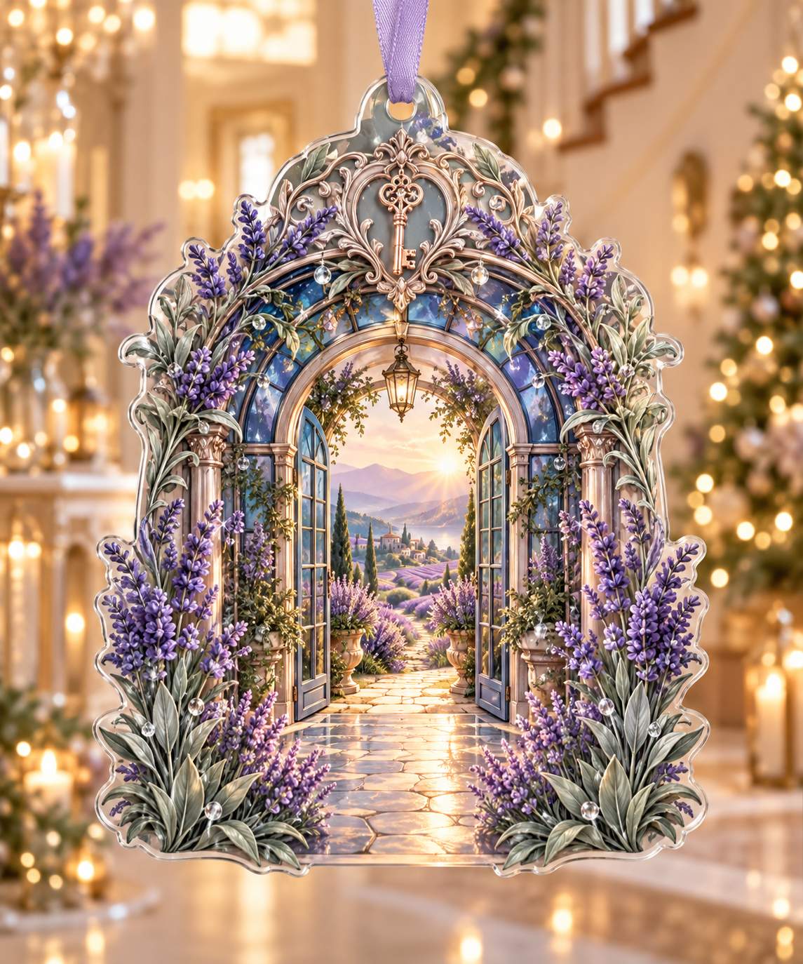 One christmas ornament with a continuous lavender welcome atrium, white blooms, brass coordinate rings, sapphire grids and a deep city vista.