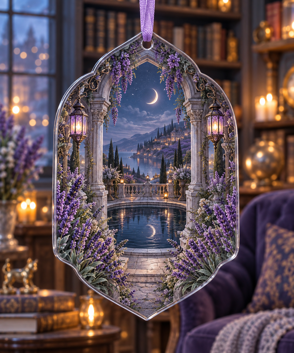 One christmas ornament with a continuous lavender moonwell library, white blooms, brass coordinate rings, sapphire grids and a deep city vista.