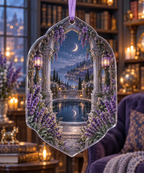 One christmas ornament with a continuous lavender moonwell library, white blooms, brass coordinate rings, sapphire grids and a deep city vista.