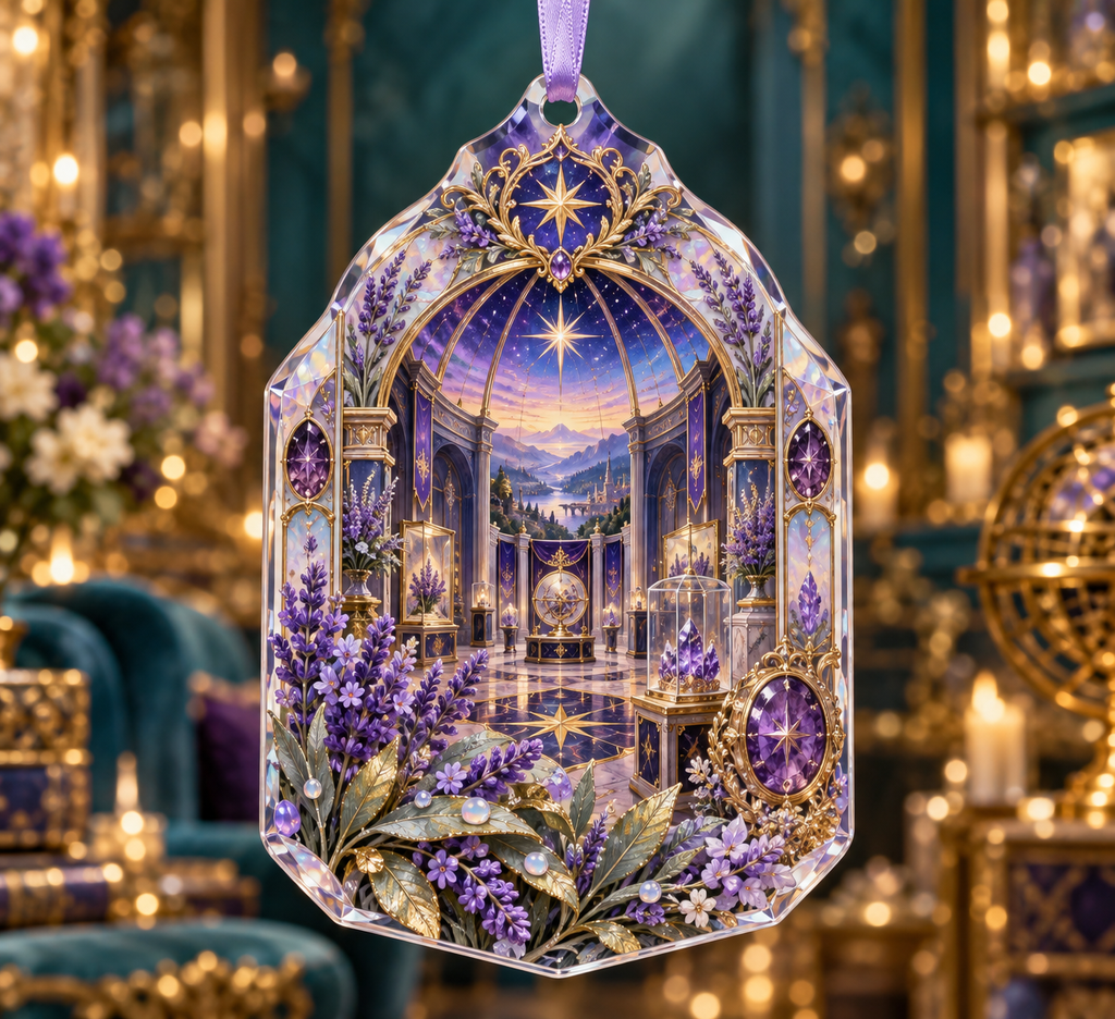 One christmas ornament with a continuous lavender jubilee gallery, white blooms, brass coordinate rings, sapphire grids and a deep city vista.