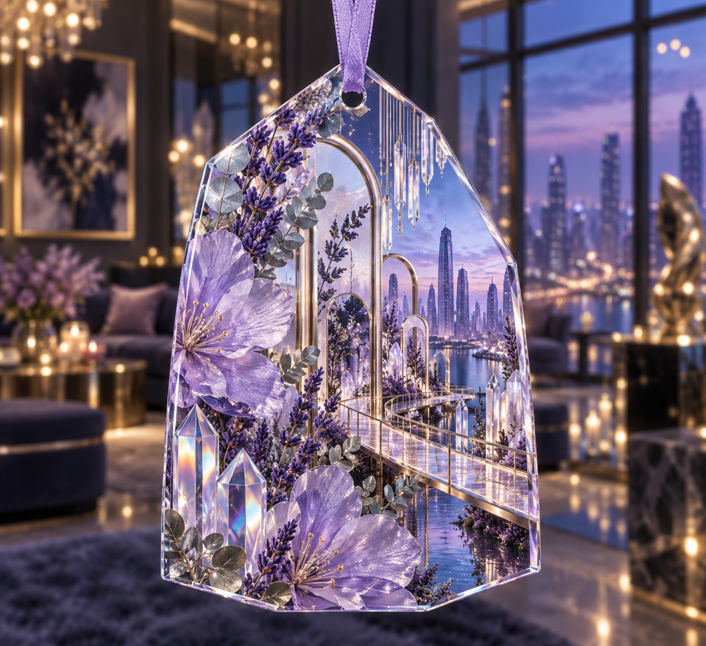 One christmas ornament with a continuous lavender prism loft gallery, white blooms, brass coordinate rings, sapphire grids and a deep city vista.