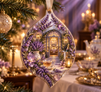 One christmas ornament with a continuous lavender welcome conservatory, white blooms, brass coordinate rings, sapphire grids and a deep city vista.