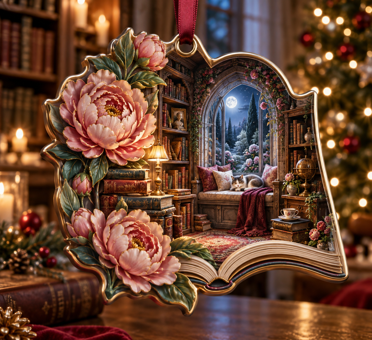 One christmas ornament with a continuous peony storybook alcove, white blooms, brass coordinate rings, sapphire grids and a deep city vista.