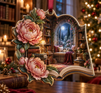 One christmas ornament with a continuous peony storybook alcove, white blooms, brass coordinate rings, sapphire grids and a deep city vista.