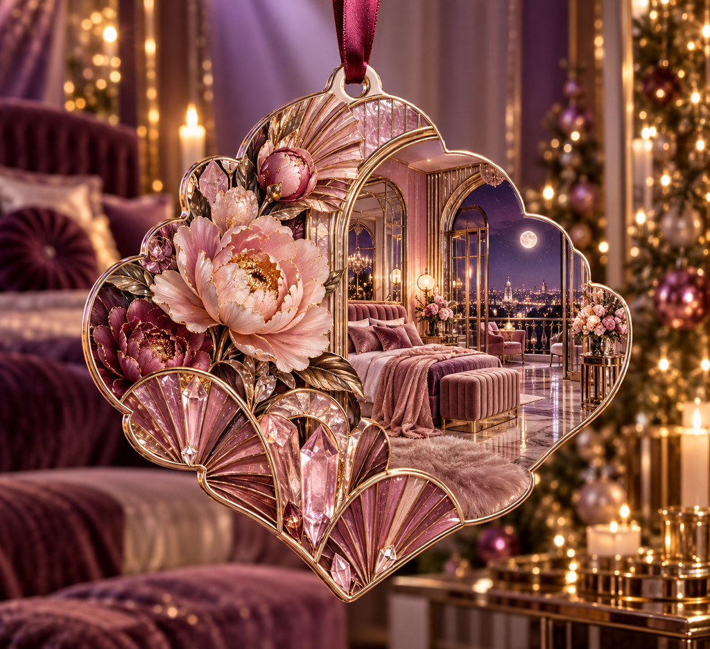 One christmas ornament with a continuous peony celestial boudoir, white blooms, brass coordinate rings, sapphire grids and a deep city vista.