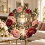 One christmas ornament with a continuous peony grand salon, coral and wine peonies, champagne portals, smoky teal glass and a deep sunlit salon vista.
