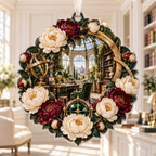 One christmas ornament with a continuous peony architect observatory, ivory and burgundy peonies, aged-brass drafting arcs, emerald glass and a deep conservatory-library vista.