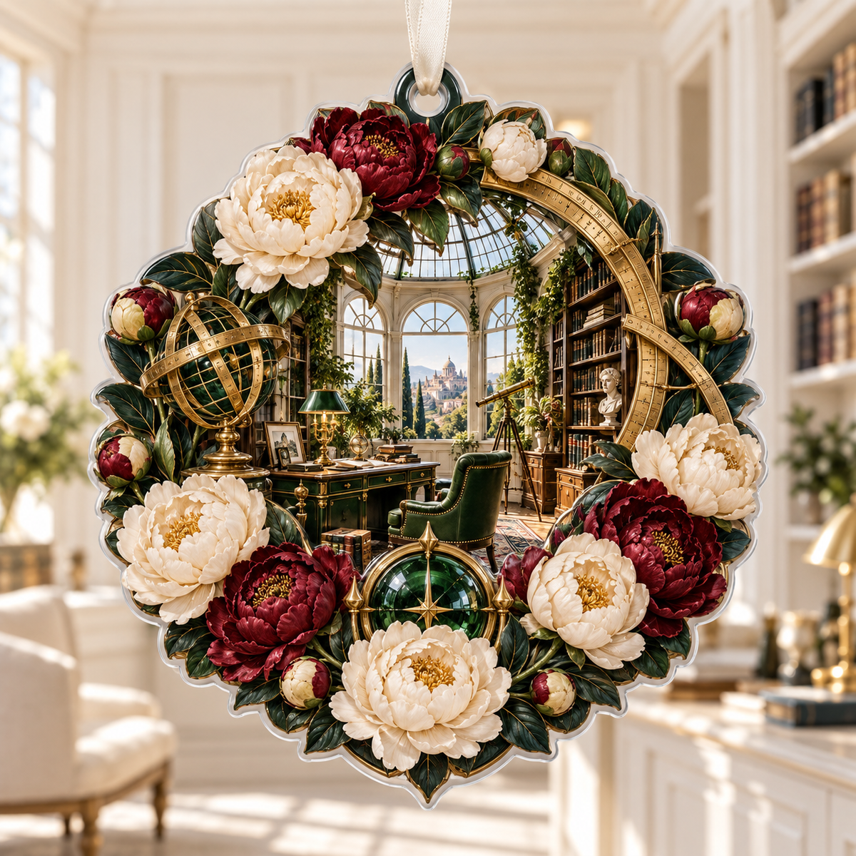 One christmas ornament with a continuous peony architect observatory, ivory and burgundy peonies, aged-brass drafting arcs, emerald glass and a deep conservatory-library vista.