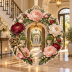 One christmas ornament with a continuous peony welcome atrium, blush, ivory and garnet peonies, antique-brass keys, travertine arches and a deep lantern courtyard vista.