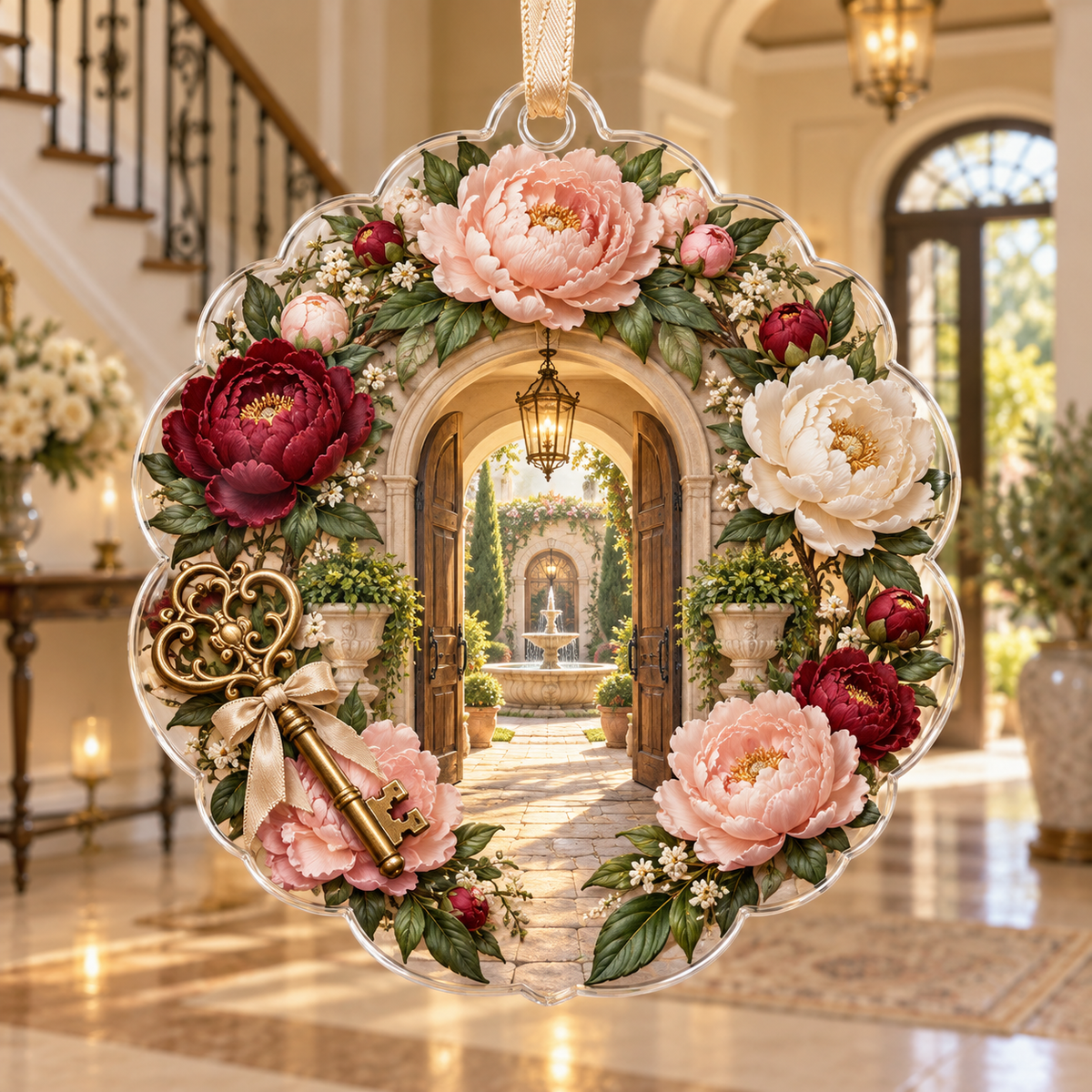One christmas ornament with a continuous peony welcome atrium, blush, ivory and garnet peonies, antique-brass keys, travertine arches and a deep lantern courtyard vista.