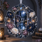 One christmas ornament with a continuous peony moonwell sanctuary, indigo, mauve and moonstone peonies, silver arches, blue glass and a deep moonlit pool vista.