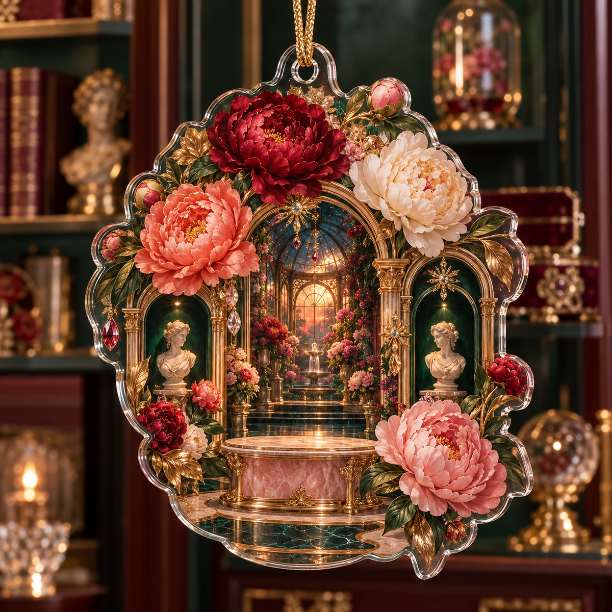 One christmas ornament with a continuous peony curator jubilee gallery, ruby, coral, ivory and blush peonies, emerald niches, gold arches and a deep conservatory vista.