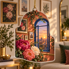 One christmas ornament with a continuous peony floating loft fresco, magenta, coral and cream peonies, cobalt arches, terracotta niches and a deep rooftop vista.