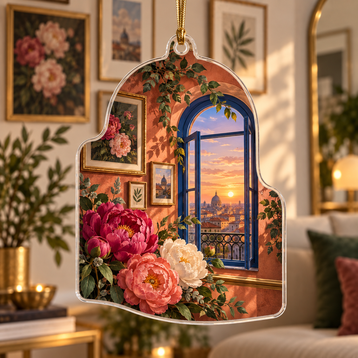 One christmas ornament with a continuous peony floating loft fresco, magenta, coral and cream peonies, cobalt arches, terracotta niches and a deep rooftop vista.