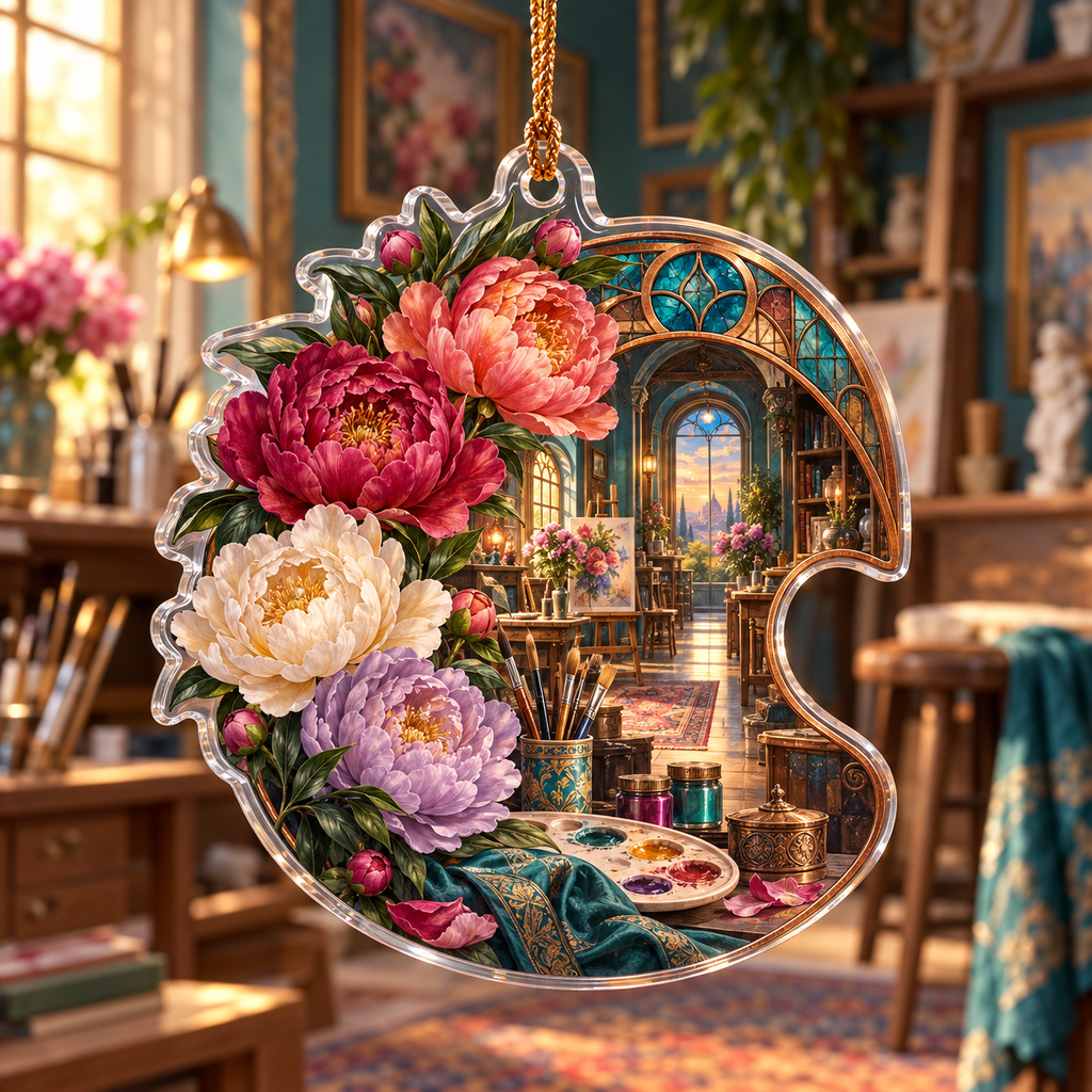 One christmas ornament with a continuous peony artisan prism atelier, magenta, coral and cream peonies, cobalt arches, terracotta niches and a deep rooftop vista.