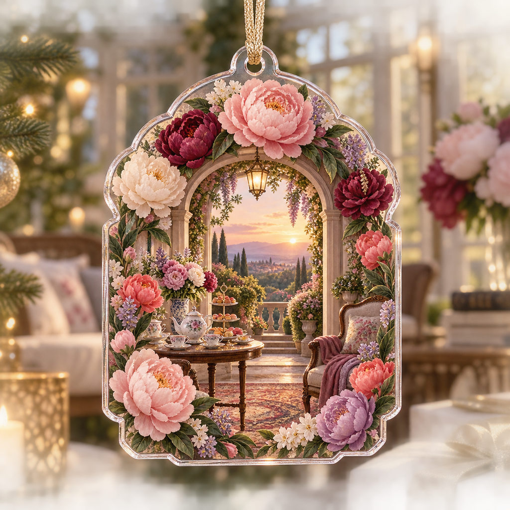 One christmas ornament with a continuous peony gratitude conservatory, blush, raspberry, coral and ivory peonies, champagne-gold arches, tea service and a deep sunlit garden vista.