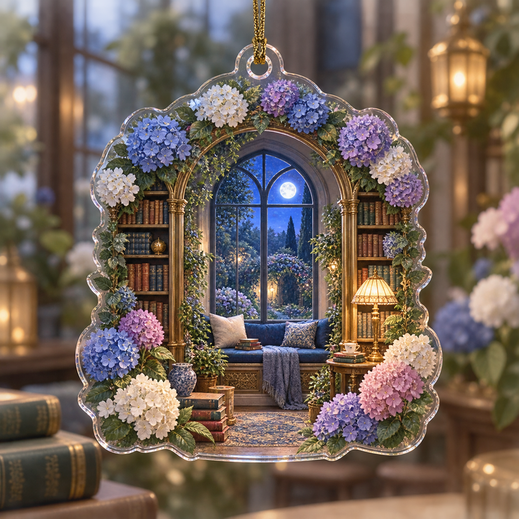 One christmas ornament with a continuous moonlit hydrangea library, cobalt, periwinkle and ivory blooms, antique-brass shelves, warm reading lamps and a deep window-seat vista.