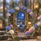 One christmas ornament with a continuous moonlit hydrangea library, cobalt, periwinkle and ivory blooms, antique-brass shelves, warm reading lamps and a deep window-seat vista.