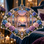 One christmas ornament with a continuous hydrangea aurora boudoir, sapphire, teal, amethyst and pearl blooms, champagne arches and a deep sunrise canopy-bed vista.