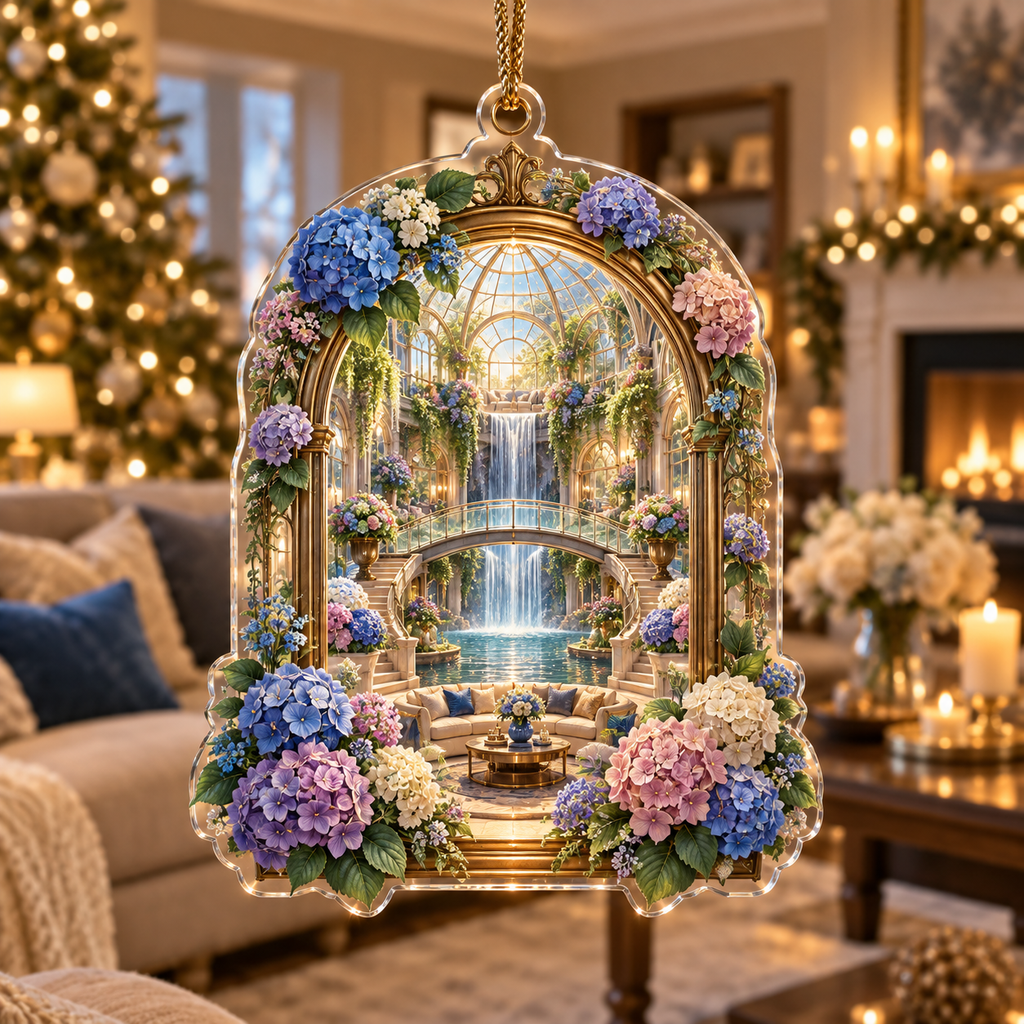 One christmas ornament with a continuous hydrangea cascade atrium, cobalt, turquoise, violet and ivory blooms, bronze arches, waterfalls and a deep sunken salon.