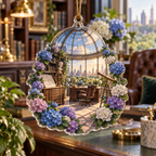 One christmas ornament with a continuous hydrangea architect observatory, cobalt, cyan, violet and ivory blooms, brass drafting arcs, blueprints, telescopes and a deep city-garden view.