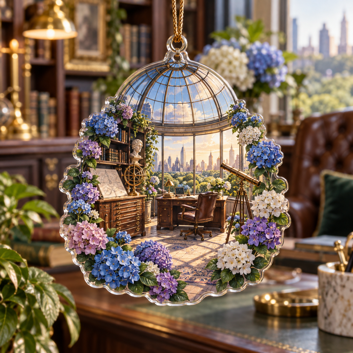 One christmas ornament with a continuous hydrangea architect observatory, cobalt, cyan, violet and ivory blooms, brass drafting arcs, blueprints, telescopes and a deep city-garden view.