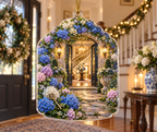 One christmas ornament with a continuous hydrangea welcome manor, cobalt, periwinkle, lavender, blush and ivory blooms, brass keys, lanterns and a deep new-home entrance.