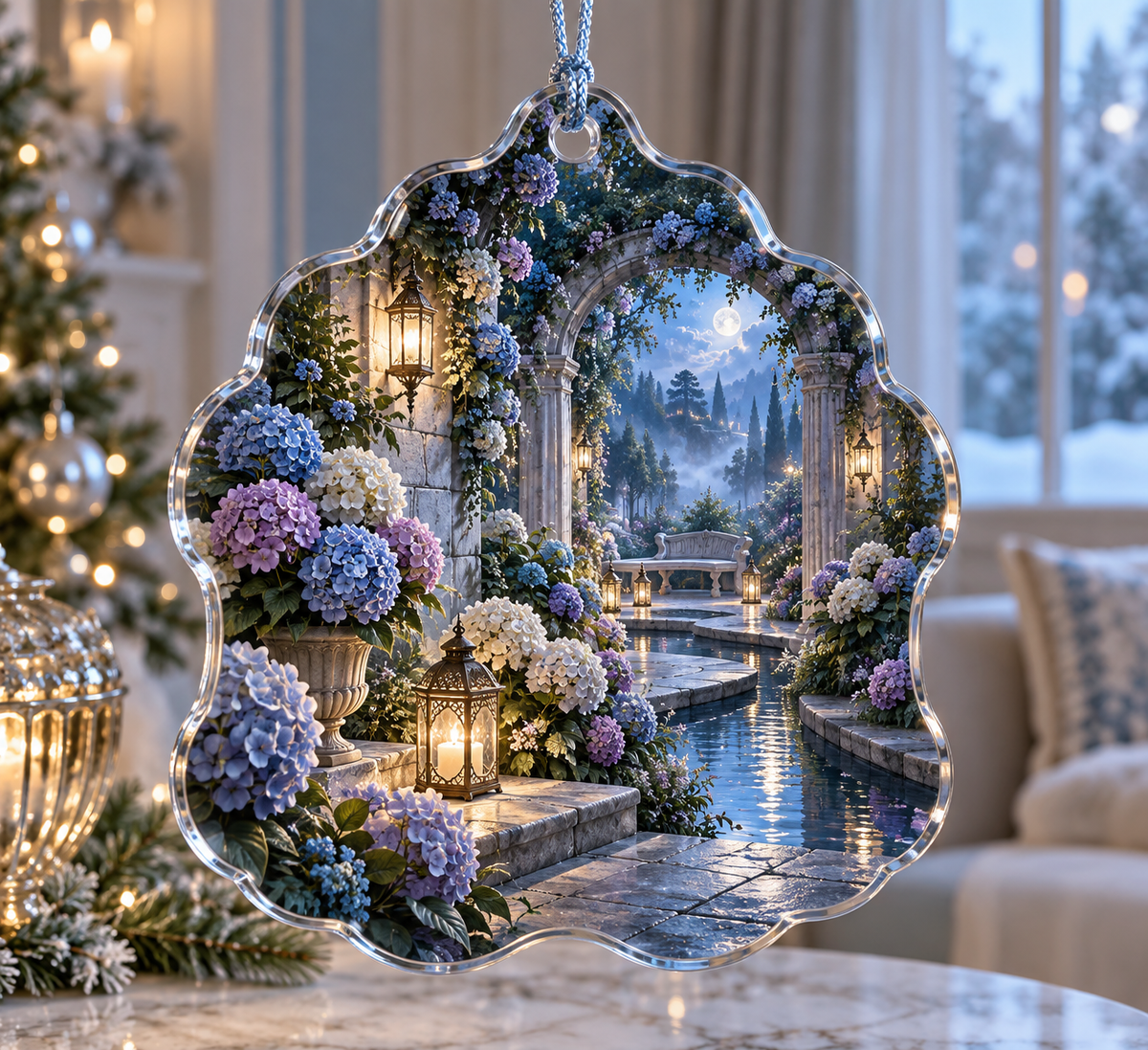 One christmas ornament with a continuous moonlit hydrangea courtyard, indigo, mist-blue, pearl and dusty-lilac blooms, silver arches, lanterns, reflecting water and a secluded bench.