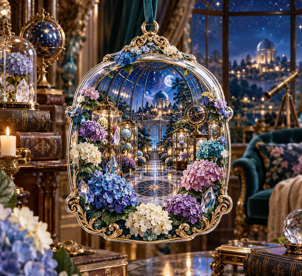 One christmas ornament with a continuous hydrangea curio gallery, sapphire, amethyst, teal, blush and ivory blooms, crystals, brass vitrines, celestial globes and a distant observatory.