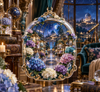 One christmas ornament with a continuous hydrangea curio gallery, sapphire, amethyst, teal, blush and ivory blooms, crystals, brass vitrines, celestial globes and a distant observatory.
