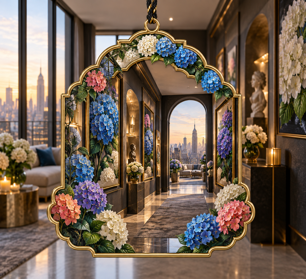 One christmas ornament with a continuous hydrangea perspective salon, cobalt, cyan, orchid, coral and ivory blooms, brass frames, sculptural niches and a distant skyline terrace.