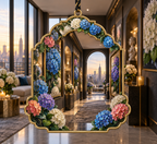 One christmas ornament with a continuous hydrangea perspective salon, cobalt, cyan, orchid, coral and ivory blooms, brass frames, sculptural niches and a distant skyline terrace.