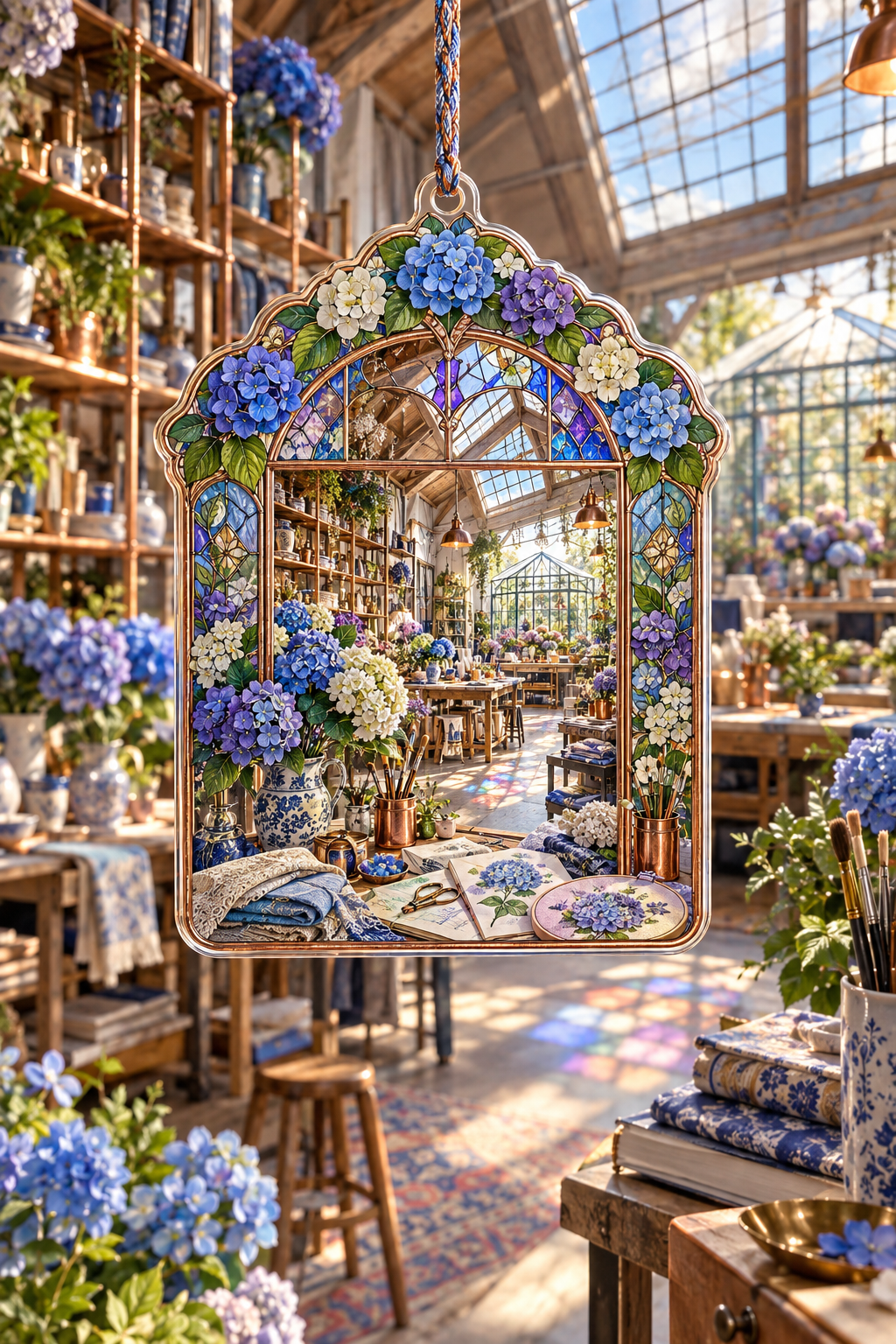 One christmas ornament with a continuous hydrangea maker's lantern loft, cobalt, cornflower, violet, mint and ivory blooms, copper shelves, ceramic vessels, craft tools and a distant greenhouse workbench.