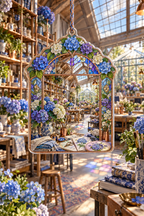 One christmas ornament with a continuous hydrangea maker's lantern loft, cobalt, cornflower, violet, mint and ivory blooms, copper shelves, ceramic vessels, craft tools and a distant greenhouse workbench.