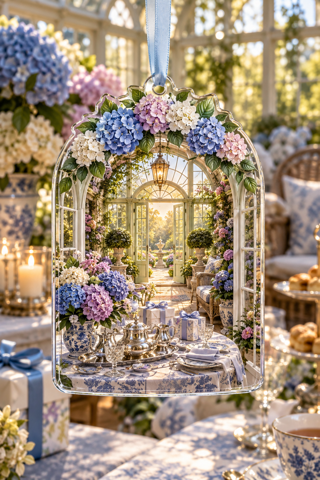 One christmas ornament with a continuous gracious host conservatory, cobalt, cornflower, violet, blush and ivory hydrangeas, silver tea service, crystal, ribboned gifts and a glowing garden doorway.