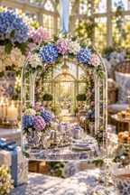 One christmas ornament with a continuous gracious host conservatory, cobalt, cornflower, violet, blush and ivory hydrangeas, silver tea service, crystal, ribboned gifts and a glowing garden doorway.