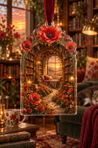 One christmas ornament with a continuous poppy emberlight library alcove, scarlet, coral, apricot and cream blooms, curved walnut shelves, brass lamps and a distant sunset window seat.