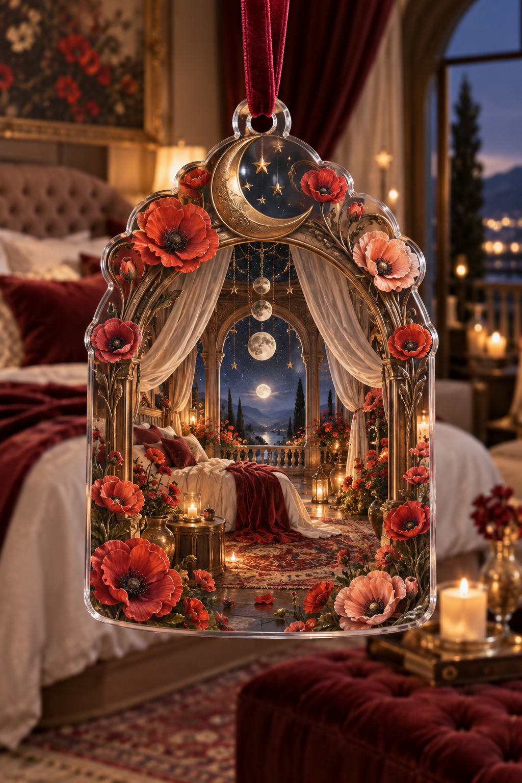 One christmas ornament with a continuous poppy celestial canopy chamber, scarlet, coral, blush and ivory blooms, bronze arches, gauzy drapery, mirrored moons and a midnight meadow balcony.