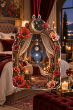 One christmas ornament with a continuous poppy celestial canopy chamber, scarlet, coral, blush and ivory blooms, bronze arches, gauzy drapery, mirrored moons and a midnight meadow balcony.
