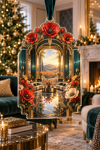 One christmas ornament with a continuous poppy grand salon portal, ruby, vermilion, tangerine and ivory blooms, brass arches, dark teal glass, reflective floor and a distant meadow terrace.