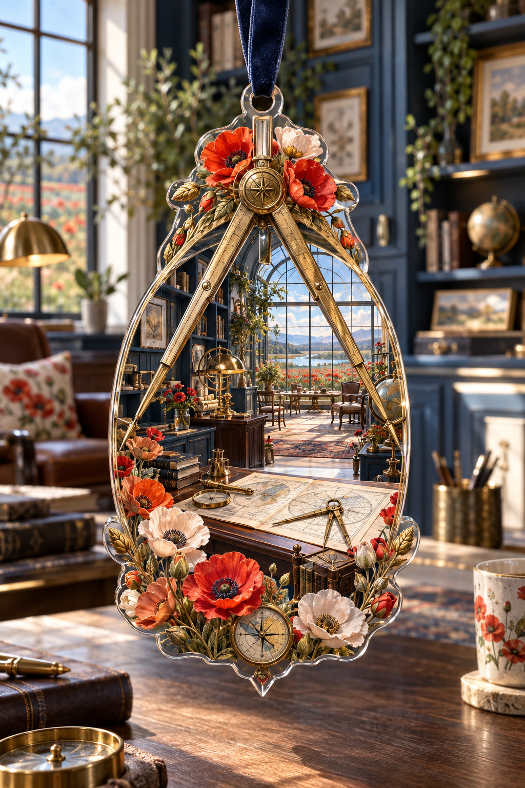 One christmas ornament with a continuous poppy cartographer studio, scarlet, burnt-orange, blush and ivory blooms, brass map grids, midnight-blue cabinetry, a glass-roof mezzanine and a distant meadow observatory.