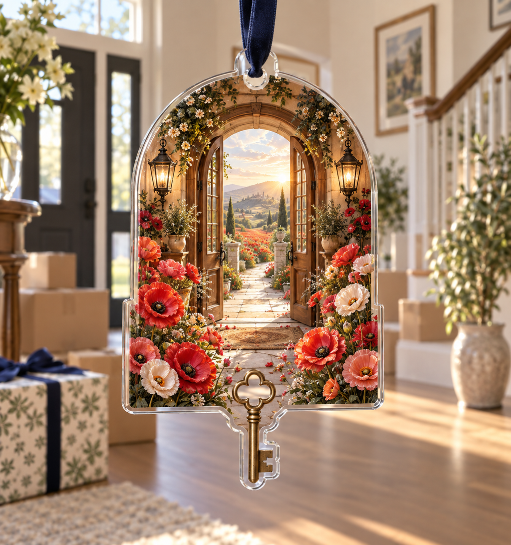 One christmas ornament with a continuous poppy welcome house atrium, scarlet, burnt-orange, blush and ivory blooms, aged-brass keys, warm walnut doors, glowing lanterns, a garden path and a distant poppy meadow.