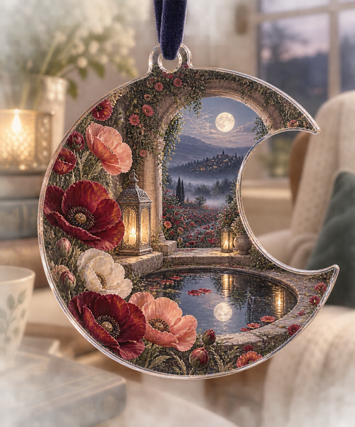 One christmas ornament with a continuous poppy moonwell alcove, scarlet, burnt-orange, blush and ivory blooms, carved-stone arches, antique silver lanterns, a reflecting moonwell and a misty twilight meadow.