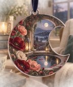 One christmas ornament with a continuous poppy moonwell alcove, scarlet, burnt-orange, blush and ivory blooms, carved-stone arches, antique silver lanterns, a reflecting moonwell and a misty twilight meadow.