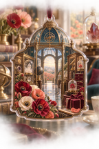 One christmas ornament with a continuous poppy celestial curio vault, scarlet, burnt-orange, blush and ivory blooms, brass-and-glass vitrines, crystal specimens, celestial globes, a domed gallery and a distant poppy meadow.