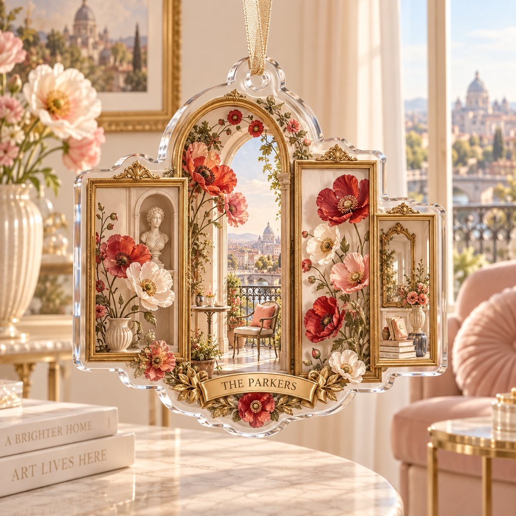 One christmas ornament with a continuous poppy gilded gallery passage, crimson, dusty rose, coral and cream blooms, brass-framed botanical panels, sculptural niches, a compact balcony and a luminous city-meadow view.