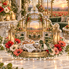 One christmas ornament with a continuous poppy gracious welcome pavilion, ruby, coral, blush and cream blooms, silver serveware, champagne-brass arches, sage seating, candlelit table, glass pavilion and sunset meadow.